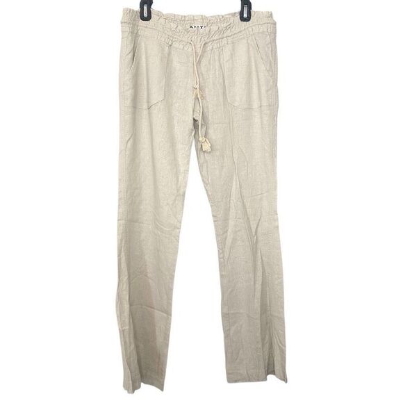 Roxy Linen Blend Wide Leg Drawstring Lightweight Stone Oceanside Pants Sz Large - Picture 1 of 6